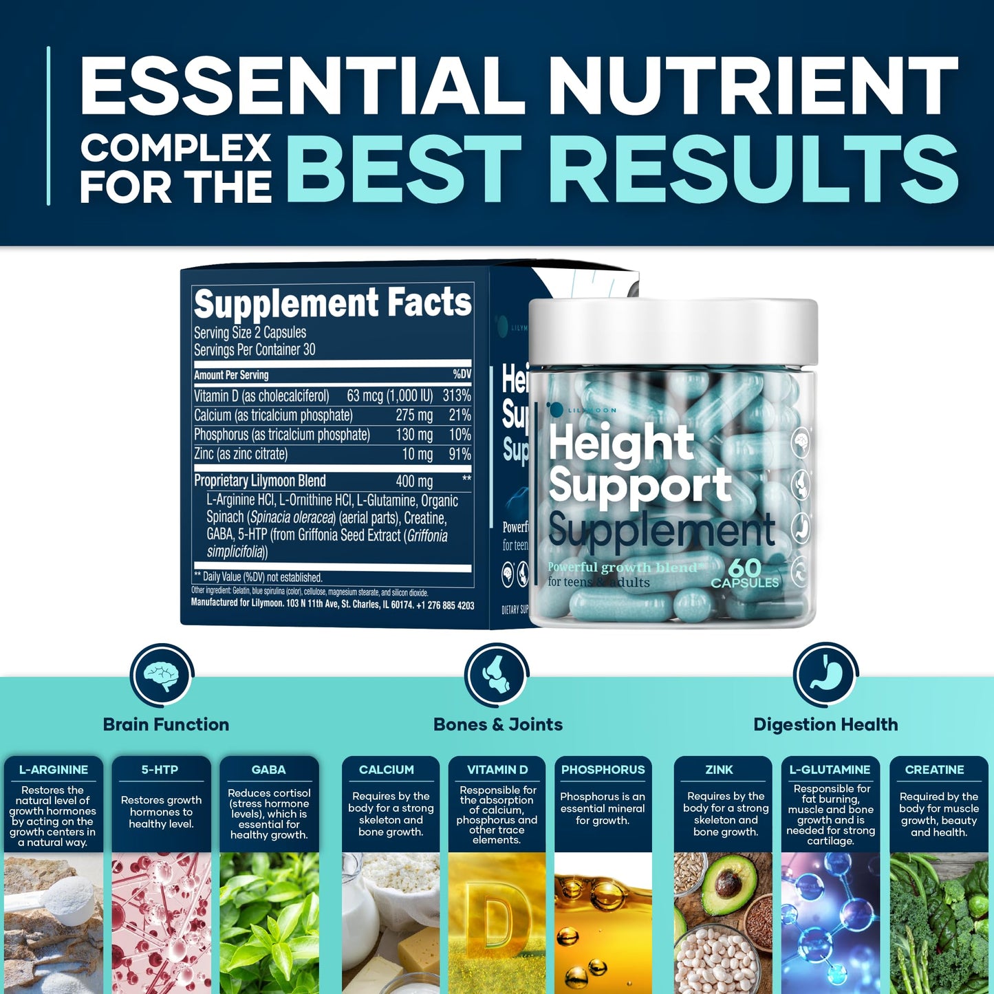 Height & Bone Support Supplement - Premium Height Growth Supplement for Kids & Teens with Calcium - Nutritional Support Bone Health Formula - Height Increase Essential Vitamins - 60 Caps LM LILYNUTRAMOON buy supplements Au