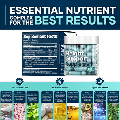 Height & Bone Support Supplement - Premium Height Growth Supplement for Kids & Teens with Calcium - Nutritional Support Bone Health Formula - Height Increase Essential Vitamins - 60 Caps LM LILYNUTRAMOON buy supplements Au