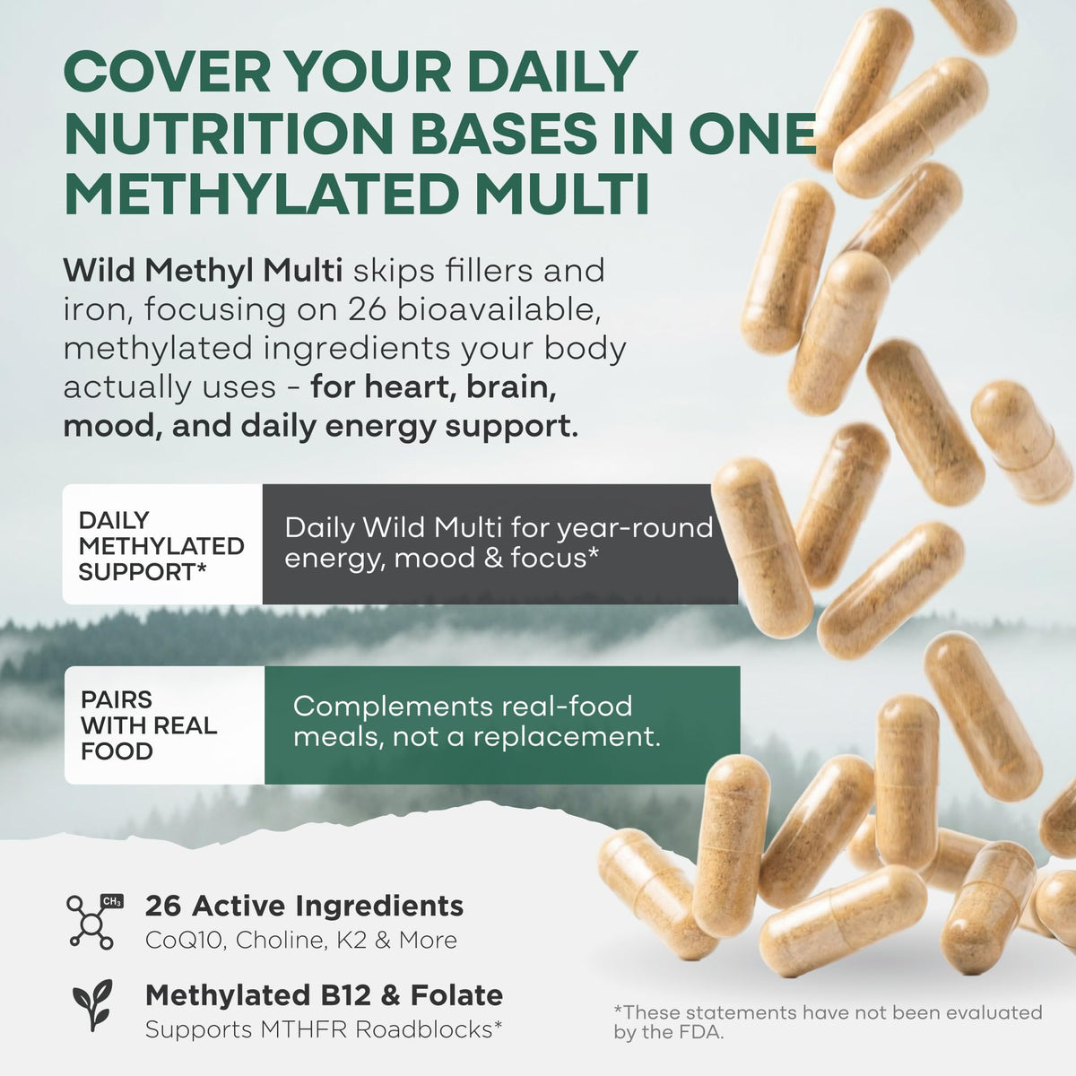 Wild Methylated Multivitamin for Women & Men | Daily Multi Vitamin | MTHFR Supplement Without Iron | Methylated B12, Folate, Vitamin C, A, K2, D, E, Choline, Biotin, ALA, CoQ10 & More (60 Capsules)