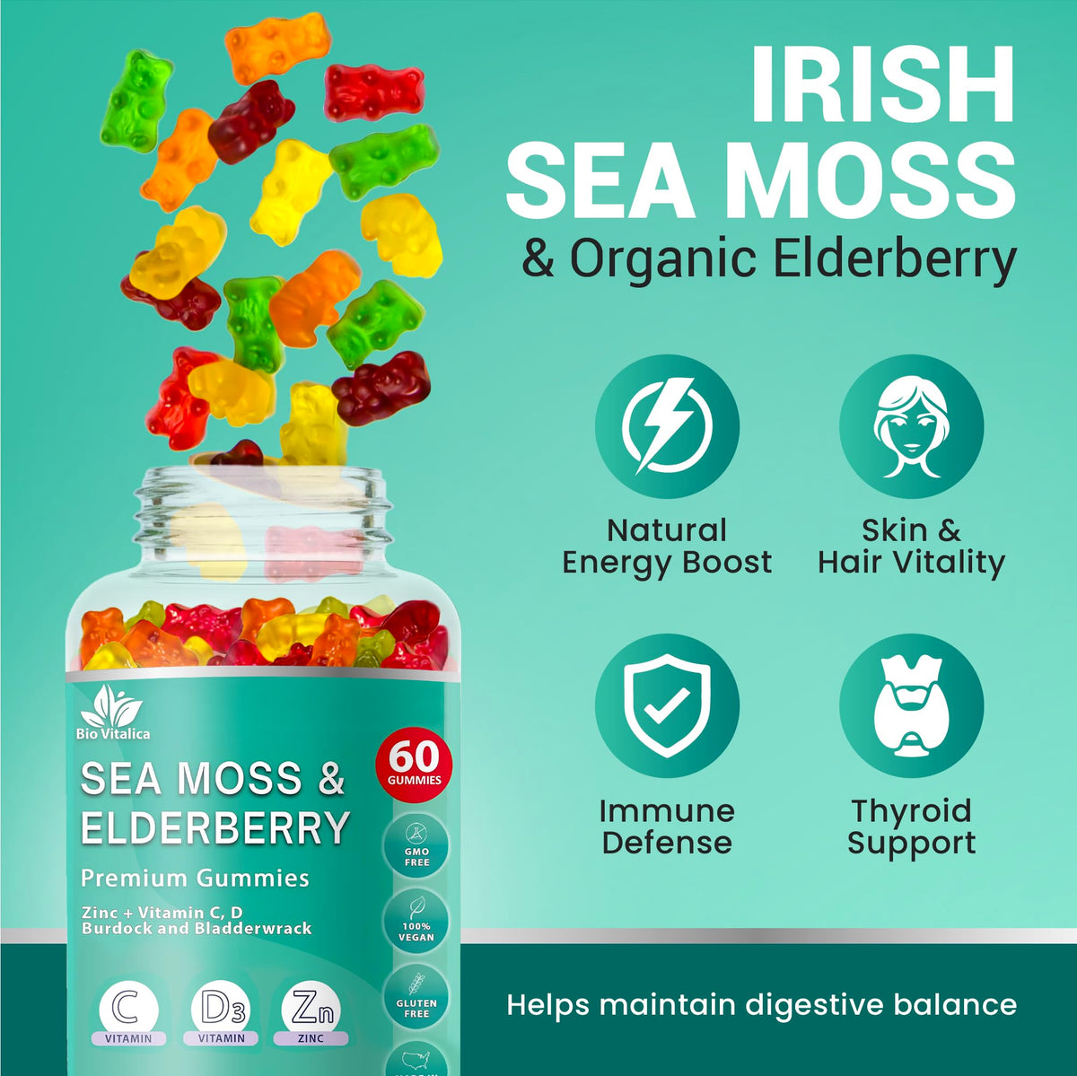BIO VITALICA Irish Sea Moss Gummies with Elderberry – USA Made Vegan Gummies with Vitamin C, D & Zinc – Immune Support Supplement with Bladderwrack & Burdock Root for Adults & Kids – 3 Packs BIO VITALICABuy Supplements Australia