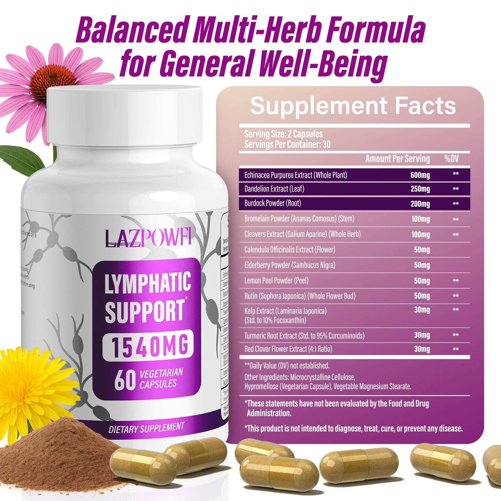Lazpowfi Lymphatic Drainage Supplements, 1540mg Lymph System Support Supplement for Women & Men with Dandelion, Burdock, Echinacea,Rutin, Turmeric,Cleavers & More, 60 Capsules Lazpowfi buy supplements Au