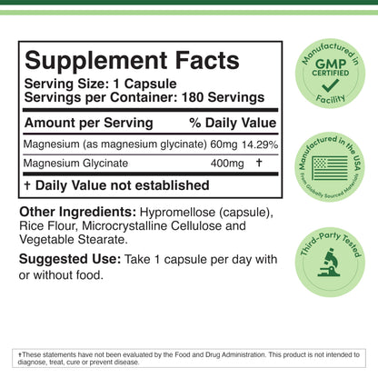 Magnesium Glycinate 400mg | 180 Capsules | Sleep, Muscle, & Heart Support | Vegan, Third Party Tested, Gluten Free, Non-GMO, by Double Wood Supplements Double Wood Supplements buy supplements Au