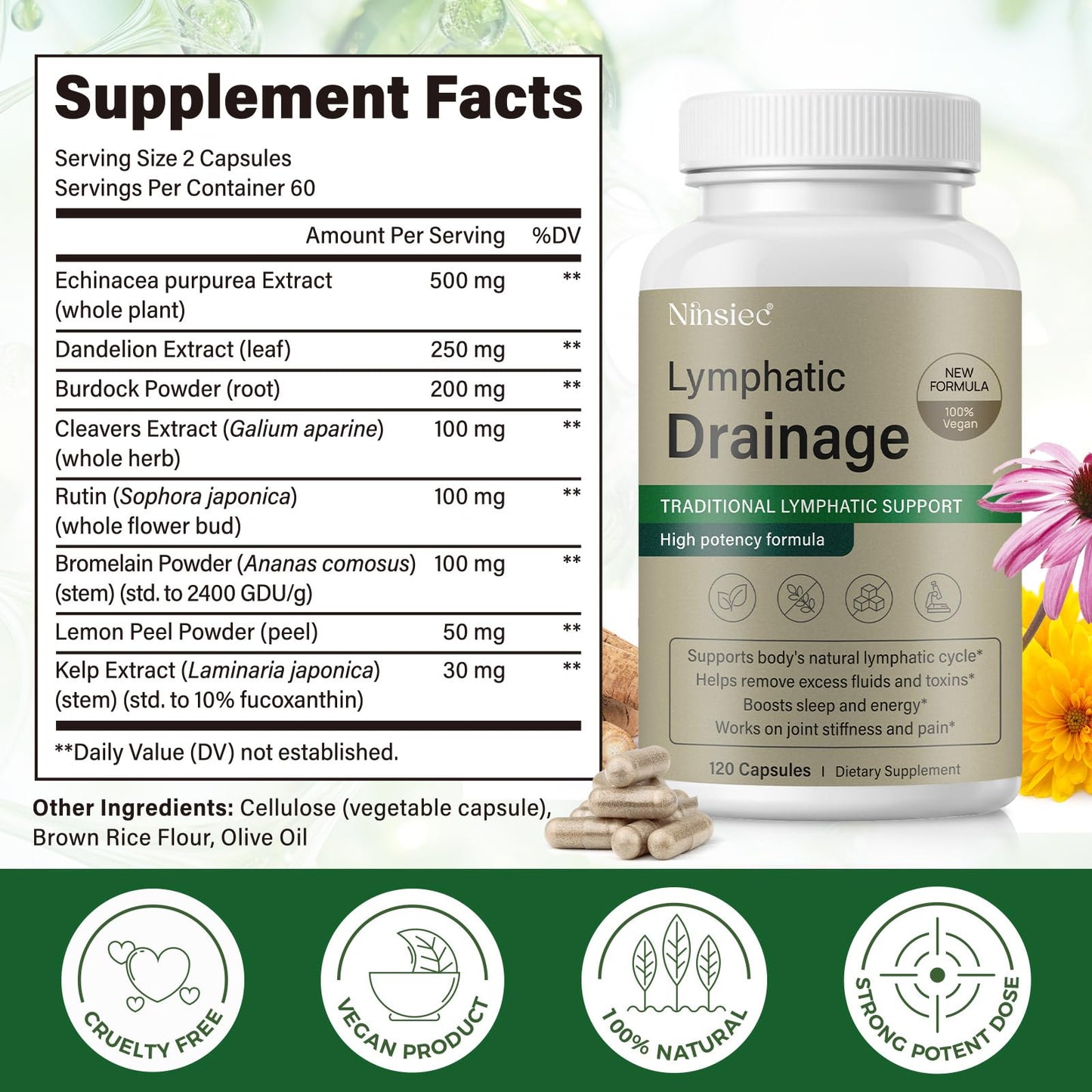 Ninsiec Lymphatic Drainage Supplements - Lymphatic Drainage Capsules for Immune Health,Supports Bloating & Daily Lymphatic Wellness, with Echinacea, Dandelion, and Burdock (120 Capsules) Ninsiec buy supplements Au