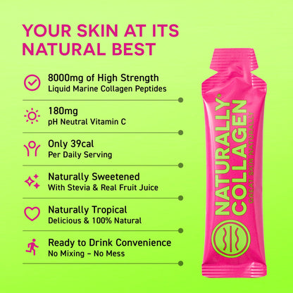 Naturally Collagen - Premium Hydrolyzed Liquid Marine Collagen Supplement - 8000mg of Collagen per Sachet Plus 180mg VIT C - Natural Tropical Fruit Flavour - 14 Sachets per Box Naturally Collagen buy supplements Au