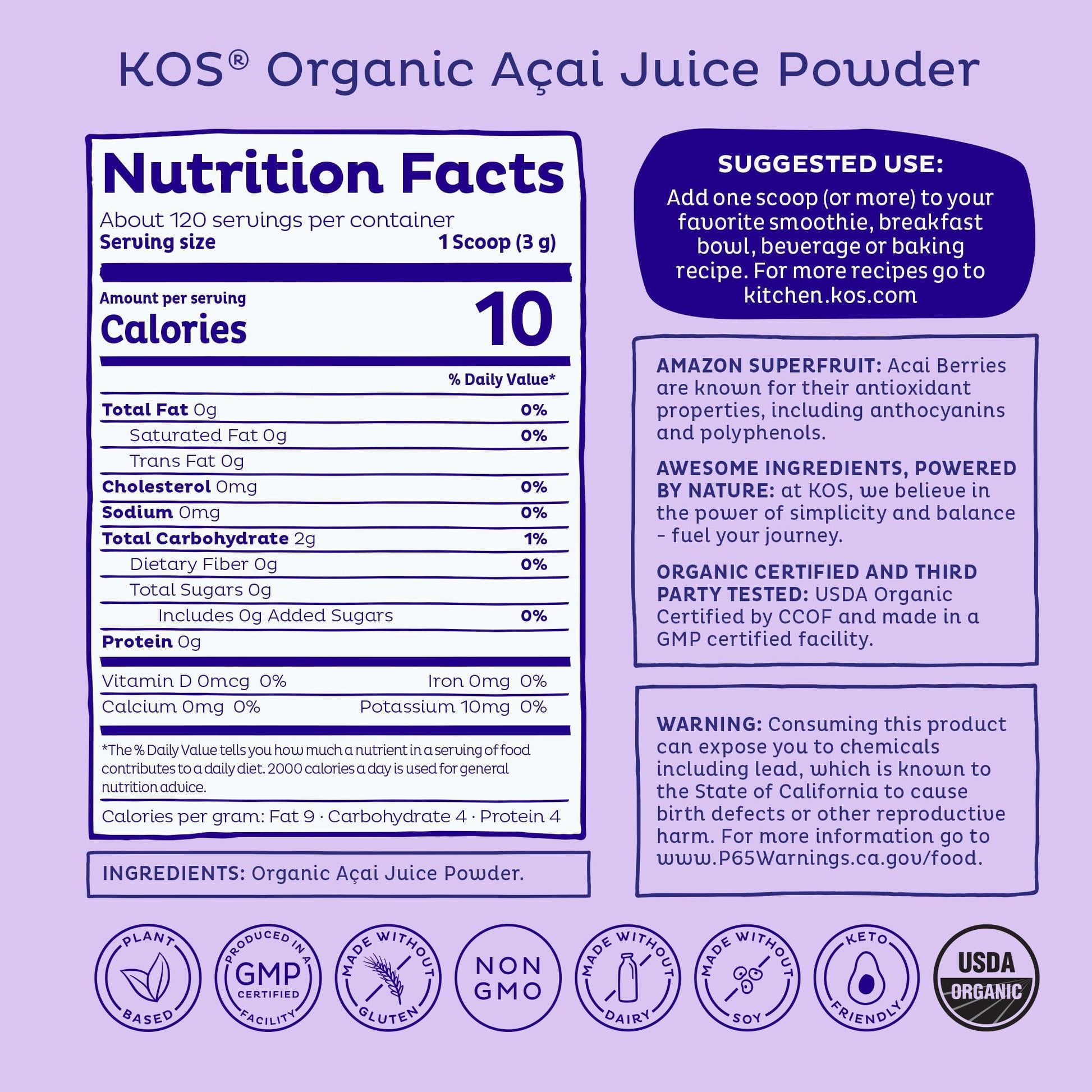 KOS Organic Acai Juice Powder - USDA Certified Organic, Plant Based Superfood Antioxidants, Superberry from Brazil, Great for Smoothies and Bowls, 0g Sugar, Vegan, Gluten-Free, Non-GMO - 120 Servings KOS buy supplements Au