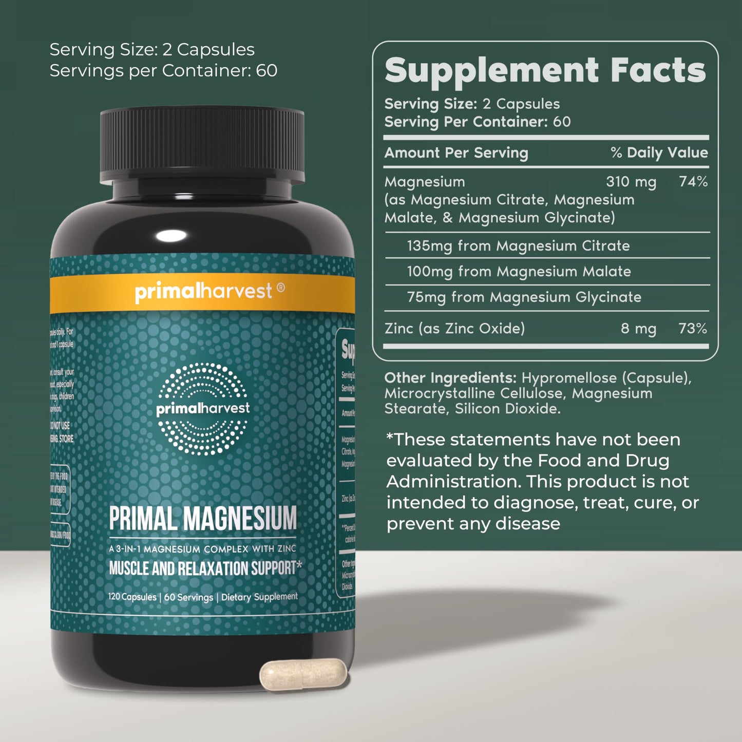 Primal Harvest Magnesium Supplement Complex 310mg by Primal Harvest with Magnesium Glycinate, Citrate, Malate, and Zinc 2 Pack, 240 Capsules Primal Harvest buy supplements Au