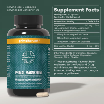 Primal Harvest Magnesium Supplement Complex 310mg by Primal Harvest with Magnesium Glycinate, Citrate, Malate, and Zinc 2 Pack, 240 Capsules Primal Harvest buy supplements Au