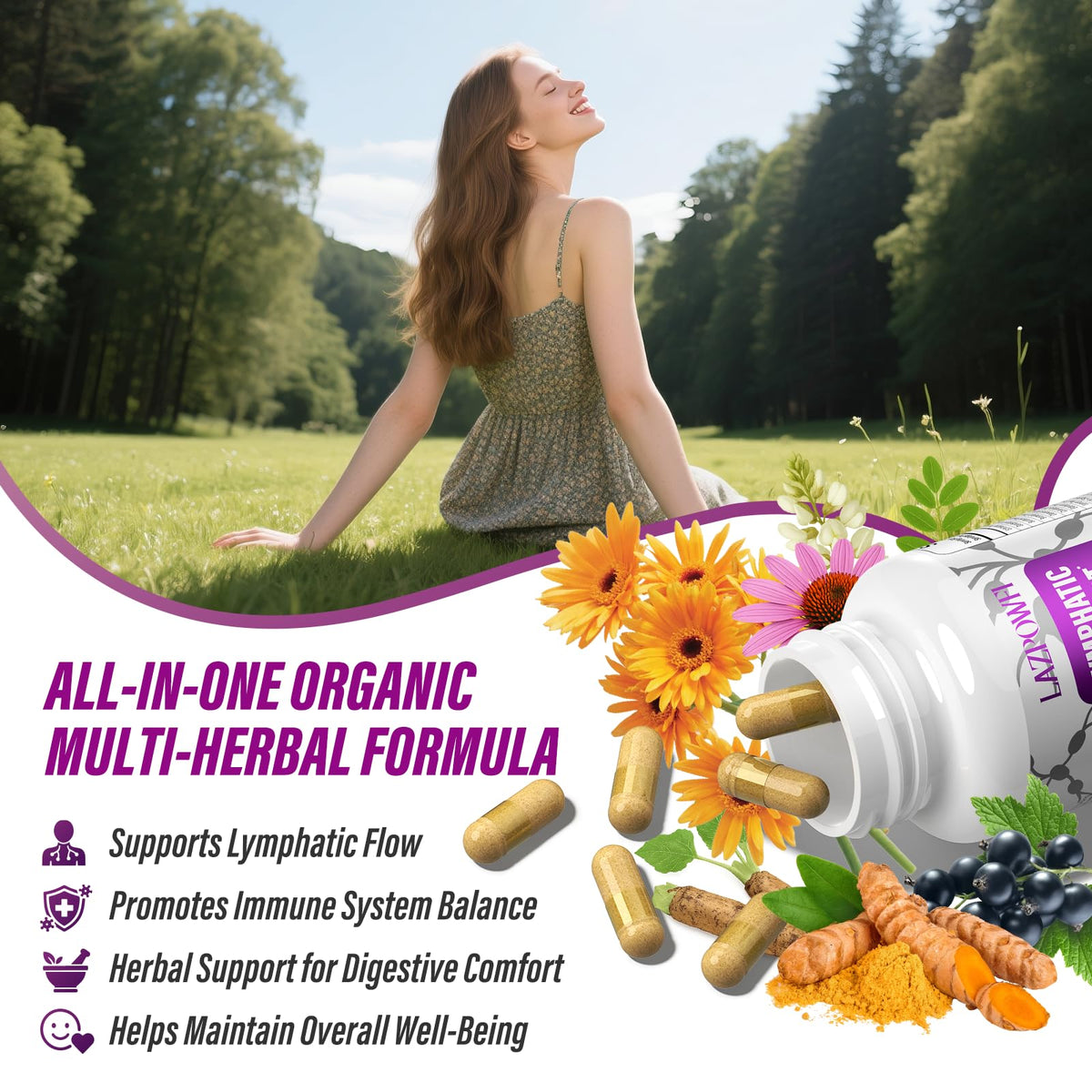 Lazpowfi Lymphatic Drainage Supplements, 1540mg Lymph System Support Supplement for Women & Men with Dandelion, Burdock, Echinacea,Rutin, Turmeric,Cleavers & More, 60 Capsules Lazpowfi buy supplements Au
