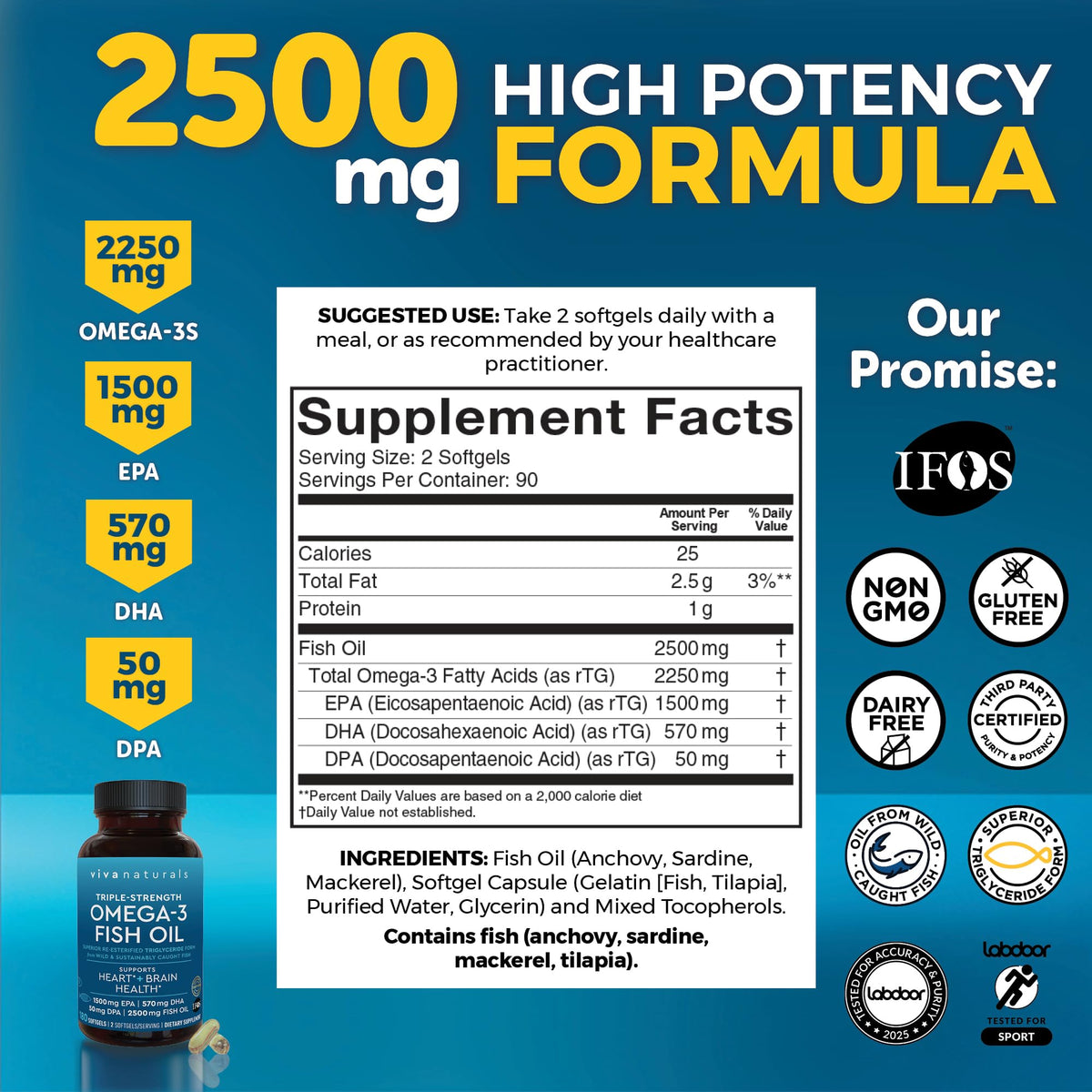 Triple Strength Omega 3 Fish Oil Supplement for Men and Women – 2500 mg High-Potency, Easy-to-Absorb Re-esterified Triglyceride Form, Pescatarian-Friendly DPA EPA DHA Omega 3 Supplement, 180 Softgels Viva Naturals buy supplements Au