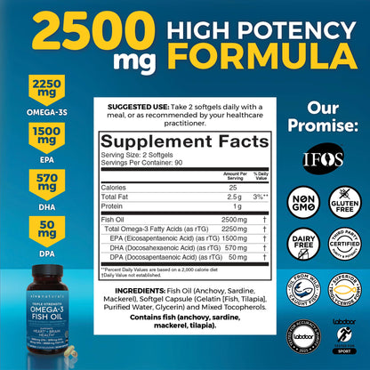 Triple Strength Omega 3 Fish Oil Supplement for Men and Women – 2500 mg High-Potency, Easy-to-Absorb Re-esterified Triglyceride Form, Pescatarian-Friendly DPA EPA DHA Omega 3 Supplement, 180 Softgels Viva Naturals buy supplements Au