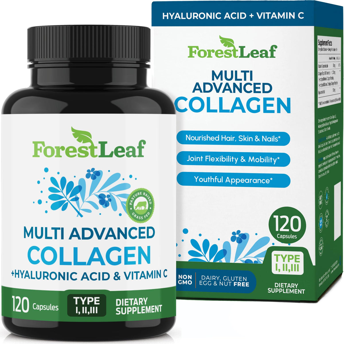 ForestLeaf Multi Collagen Pills with Hyaluronic Acid + Vitamin C | Hydrolyzed Collagen Supplements for Women or Men | Multi Collagen Capsules Peptides for Skin, Wrinkles, 120 Caps ForestLeaf buy supplements Au