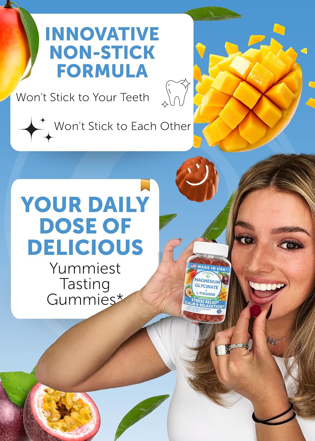 Lunakai USA Made Magnesium Glycinate Gummies with L-Theanine for Kids & Adults – 420mg Magnesium Supplement for Calm, Sleep & Stress Support, 60ct