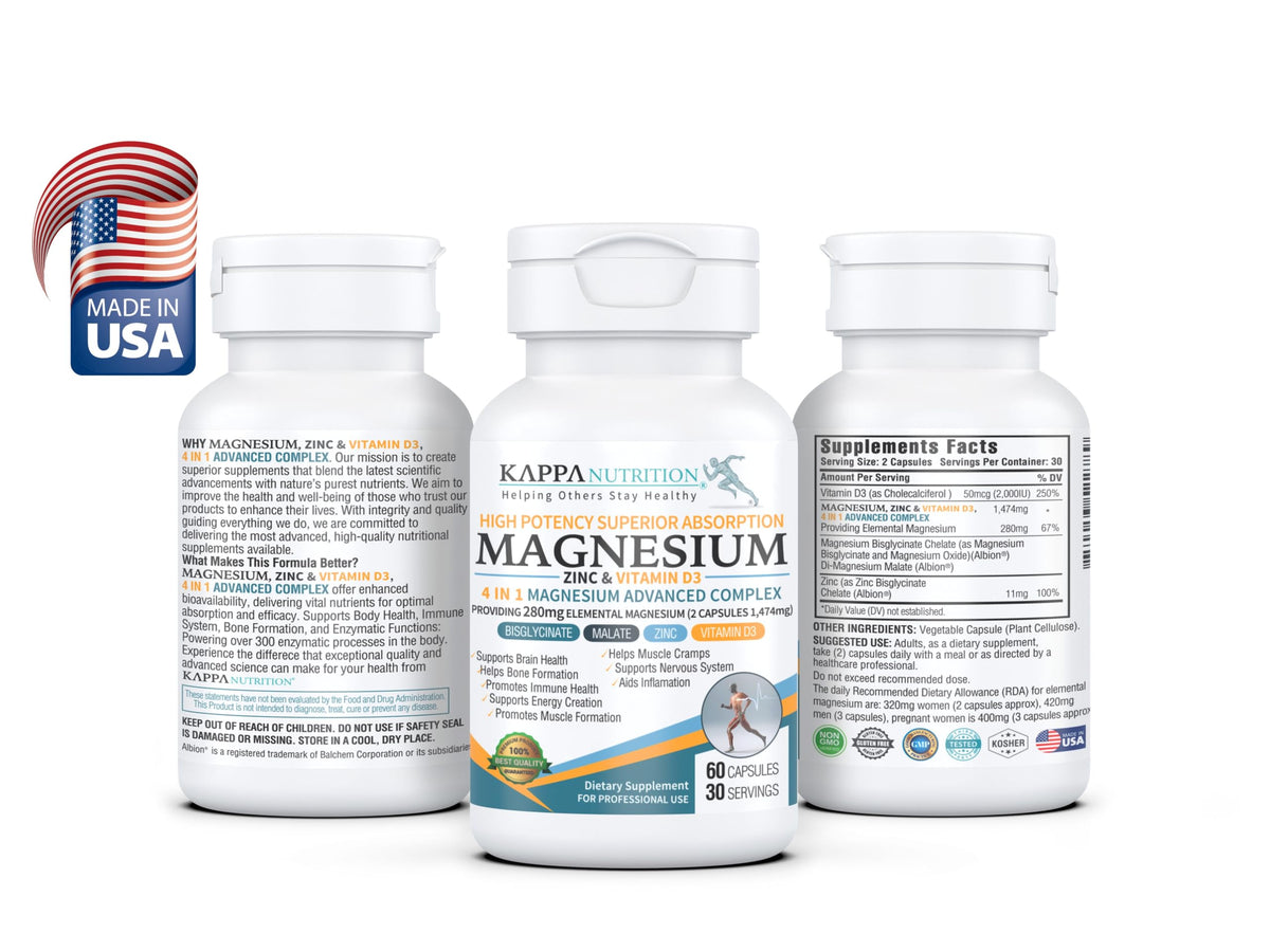 Kappa Nutrition Magnesium 4-in-1, 280mg Elemental Magnesium (Bisglycinate, Malate) + Zinc & Vitamin D3, Brain, Sleep, Energy, Muscle, Immune Support, 60 Vegan Capsules. KAPPA NUTRITION buy supplements Au