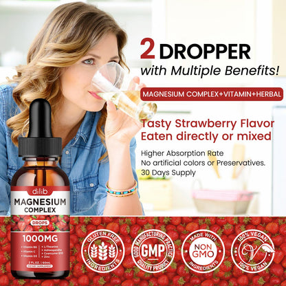 Triple Magnesium Complex Supplement, Magnesium Glycinate, Blend, Citrate Liquid Drops 1000mg with Ashwagandha, CoQ10, Vitamin B6, C, D, Zinc -Support Calm Stress Relief, Bone, Muscle, Mood Vegan dilib buy supplements Au