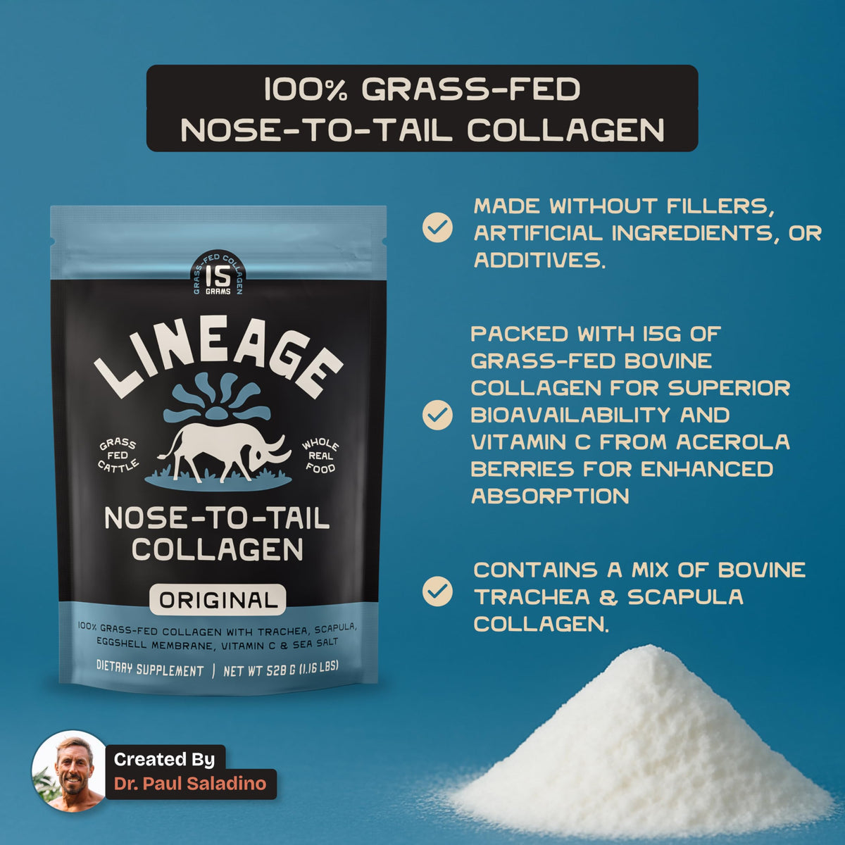 Lineage Provisions 100% Grass Fed Collagen Powder UNFLAVORED – Hydrolyzed Bovine Collagen Peptides with Trachea, Scapula, Eggshell Membrane – Collagen Protein Powder with Vitamin C – 30 Servings Lineage Provisions buy supplements Au