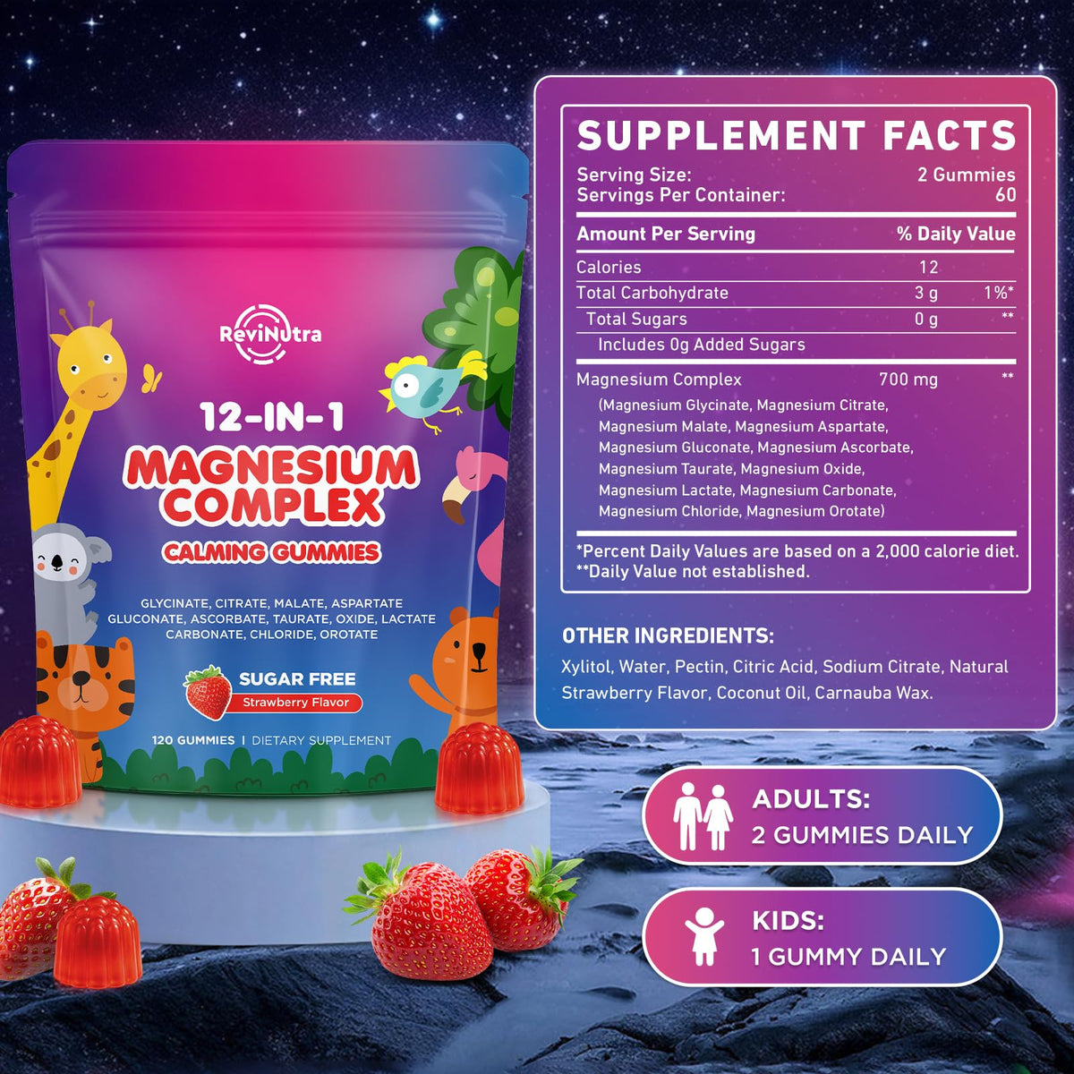 Magnesium Complex 700mg - 12 in 1 Magnesium Gummies with Glycinate, Citrate, Malate, Oxide, Taurate, Aspartate, Orotate - Supports Relaxation, Muscle & Heart - Sugar Free Strawberry 120 Count ReviNutra buy supplements Au