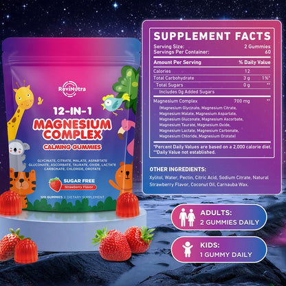 Magnesium Complex 700mg - 12 in 1 Magnesium Gummies with Glycinate, Citrate, Malate, Oxide, Taurate, Aspartate, Orotate - Supports Relaxation, Muscle & Heart - Sugar Free Strawberry 120 Count ReviNutra buy supplements Au