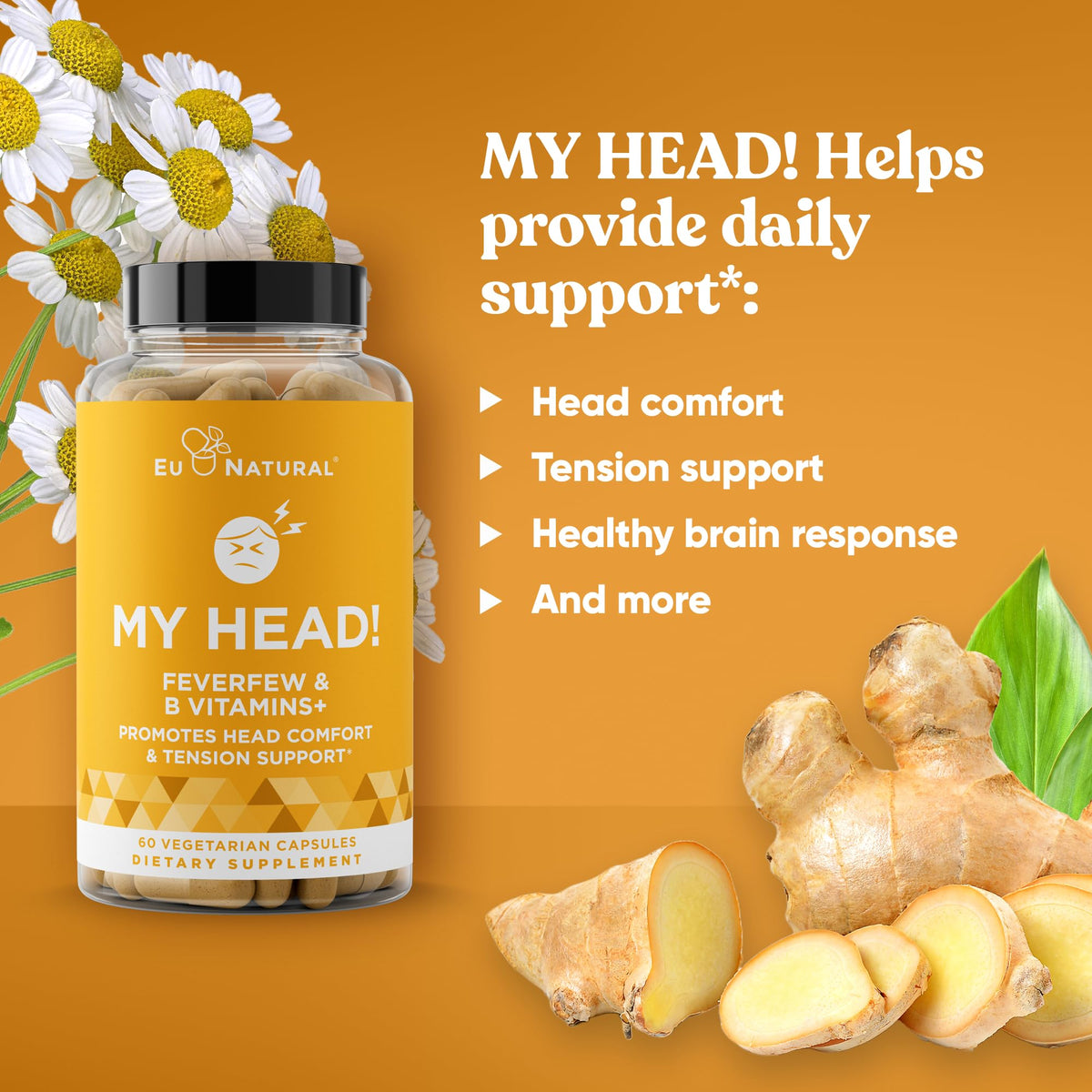 My Head! Headache Vitamins – Sensitivity, Tension, Comfort, Healthy Head Function for A Clear Mind – Fast acting Magnesium, Feverfew, Boswellia, Vitamin D, Ginger, & More – 60 Soft Capsules Eu NaturalBuy Supplements Australia