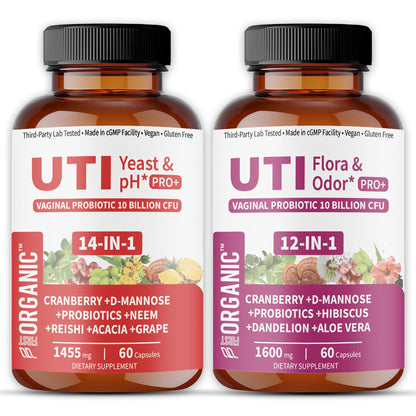 Two bottles of UTI Yeast & pH Pro+ and UTI Flora & Odor Pro+ dietary supplements on a white background.