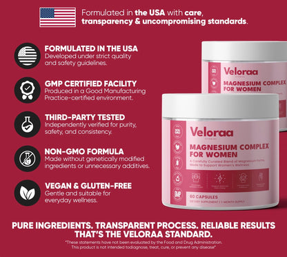Premium Magnesium Complex for Women 60 Capsules | Complete 3-in-1 with Magnesium Glycinate Citrate & Malate Supports Calm, Digestion, Energy Vegan & Non-GMO Supplement | Veloraa Veloraa buy supplements Au