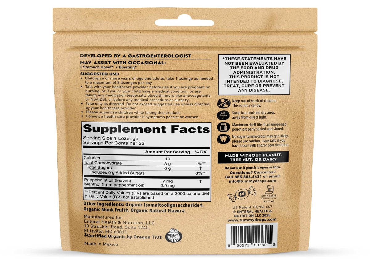 tummy drops No Sugar Crushed Peppermint Flavor, Gluten Free & Vegan, 33 Individually Wrapped Pure Peppermint Oil Lozenges Made with Organic Monkfruit