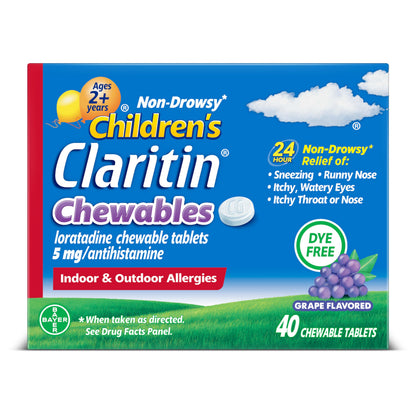 Claritin Children's Allergy Medicine, 24-Hour Non-Drowsy Loratadine 5mg Chewable Tablet, Antihistamine for Kids Ages 2 Years and Older, Grape Flavored, Dye-free, 40 Tablets Claritin buy supplements Au