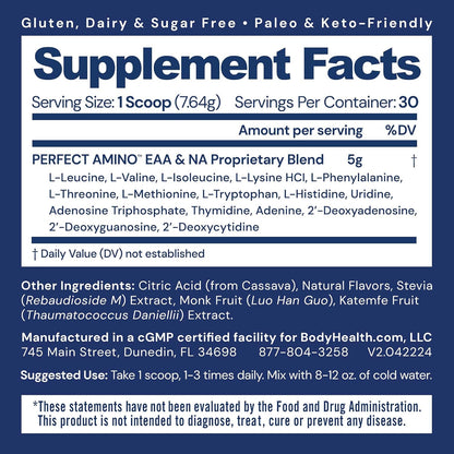 BodyHealth PerfectAmino Powder - BCAA and EAA Powder for Pre and Post Workout - Amino Acid Energy Drink for Men and Women to Support Lean Muscle and Recovery - Lemon Lime - 30 Servings