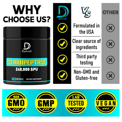 DEDICAD Serrapeptase Supplement 240,000 SPU - 150 Capsules for Smooth Breathing, Heart Health & Immune System Support - 75-Serving Supply DEDICAD buy supplements Au