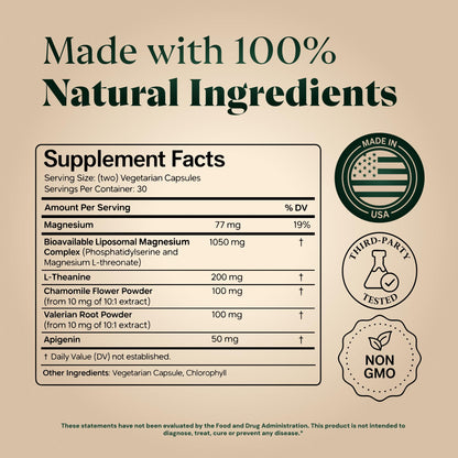 Magnesium L-Threonate with Apigenin, Valerian Root & L-Theanine – No Melatonin Restful Sleep & Brain Supplement – Clinically Studied 7-Ingredient Formula