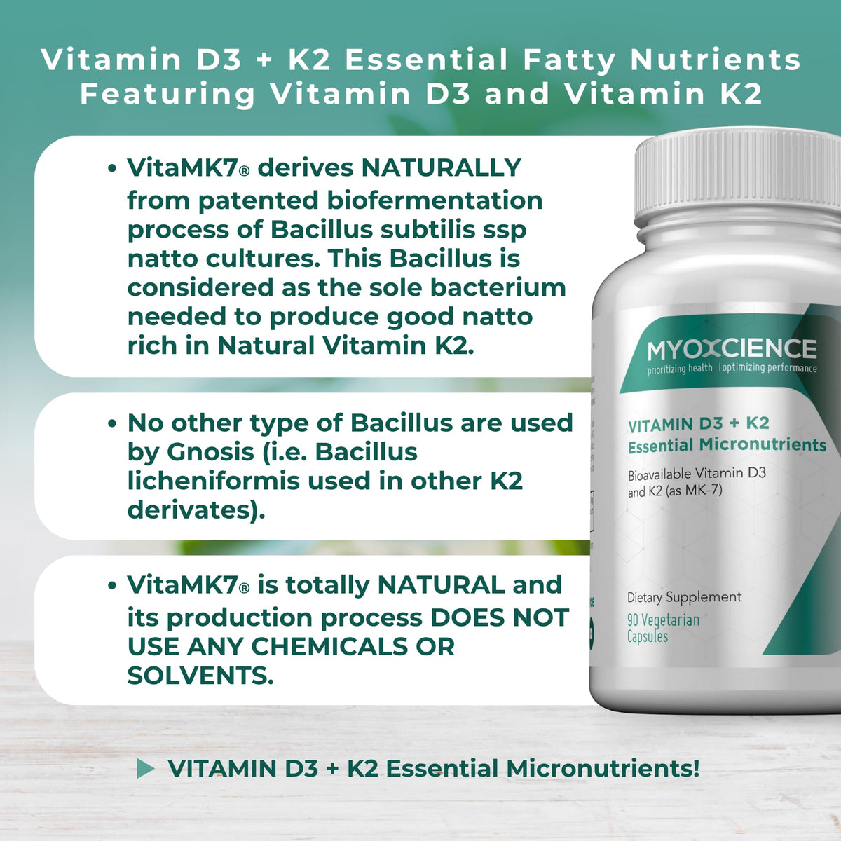 MYOXCIENCE Vitamin D3 + K2 Essential Micronutrients | Vitamin D3 5,000 IU | Vitamin K2 as MK-7 90 mcg (90 Vegetarian Capsules) MYOXCIENCE buy supplements Au