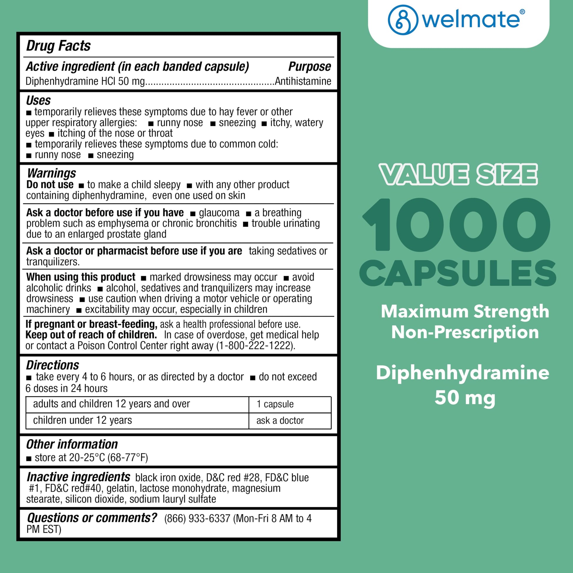 WELMATE Allergy Relief - Diphenhydramine 50 mg - 1000 Count Capsules - Antihistamine - Allergy & Cold Symptoms - Sneezing, Runny Nose, Itchy Eyes & Throat WELMATE buy supplements Au