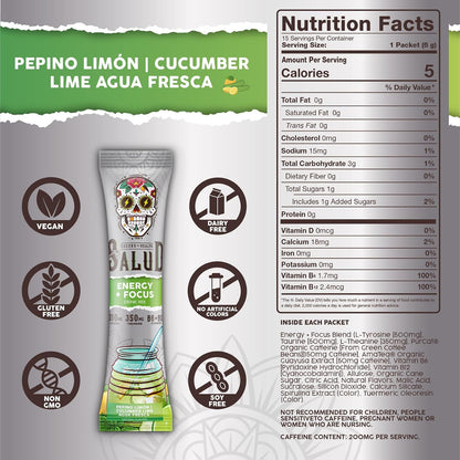 Salud 2-Pack | 2-in-1 Hydration + Immunity (Lemonade) & Energy + Focus (Cucumber Lime) – 15 Servings Each, Agua Fresca Drink Mix, Non-GMO, Gluten Free, Vegan, Low Calorie, 1g of Sugar