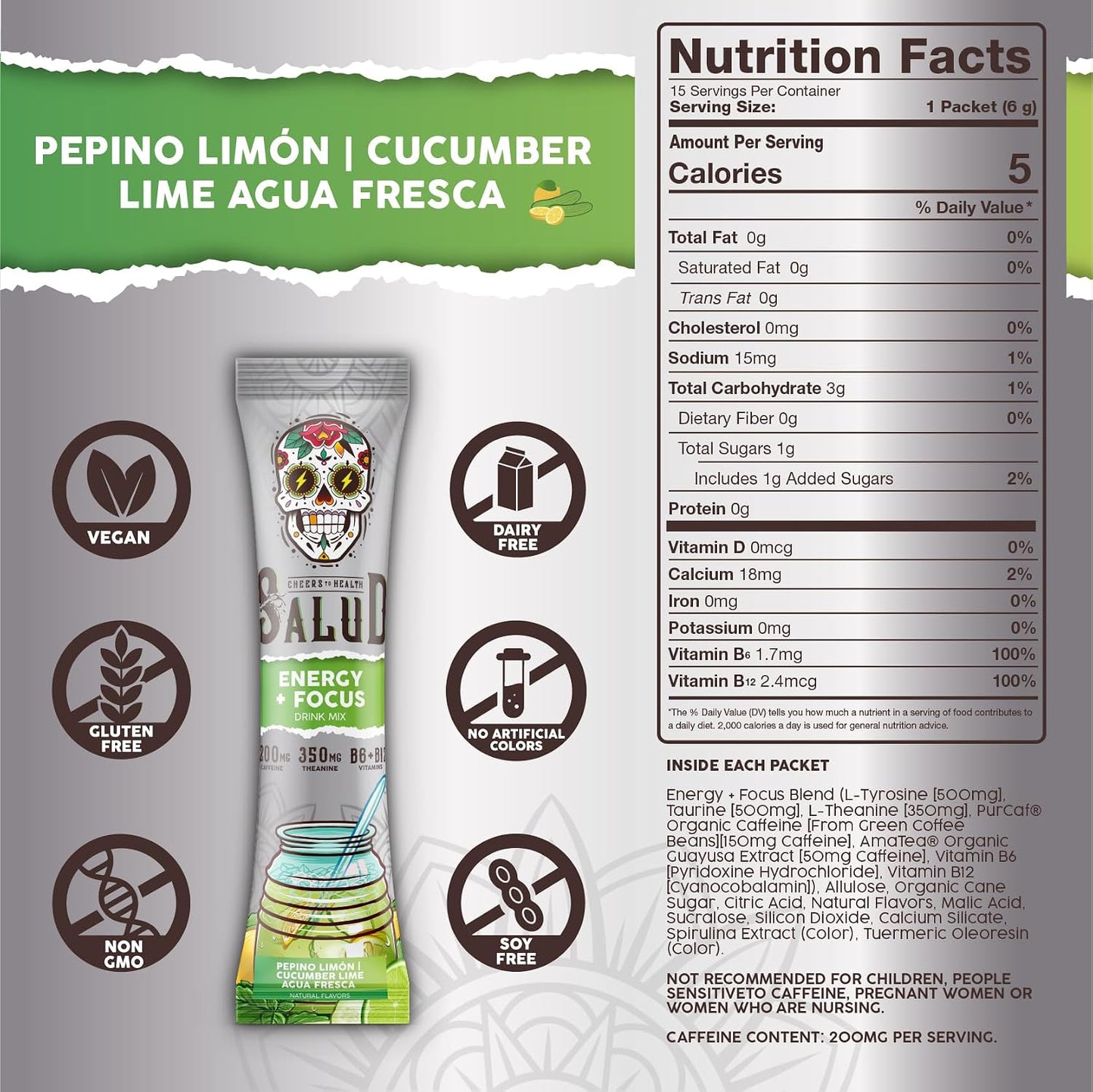 Salud 2-Pack |2-in-1 Energy + Focus (Hibiscus) & Energy + Focus (Cucumber Lime) – 15 Servings Each, Agua Fresca Drink Mix, Non-GMO, Gluten Free, Vegan, Low Calorie, 1g of Sugar