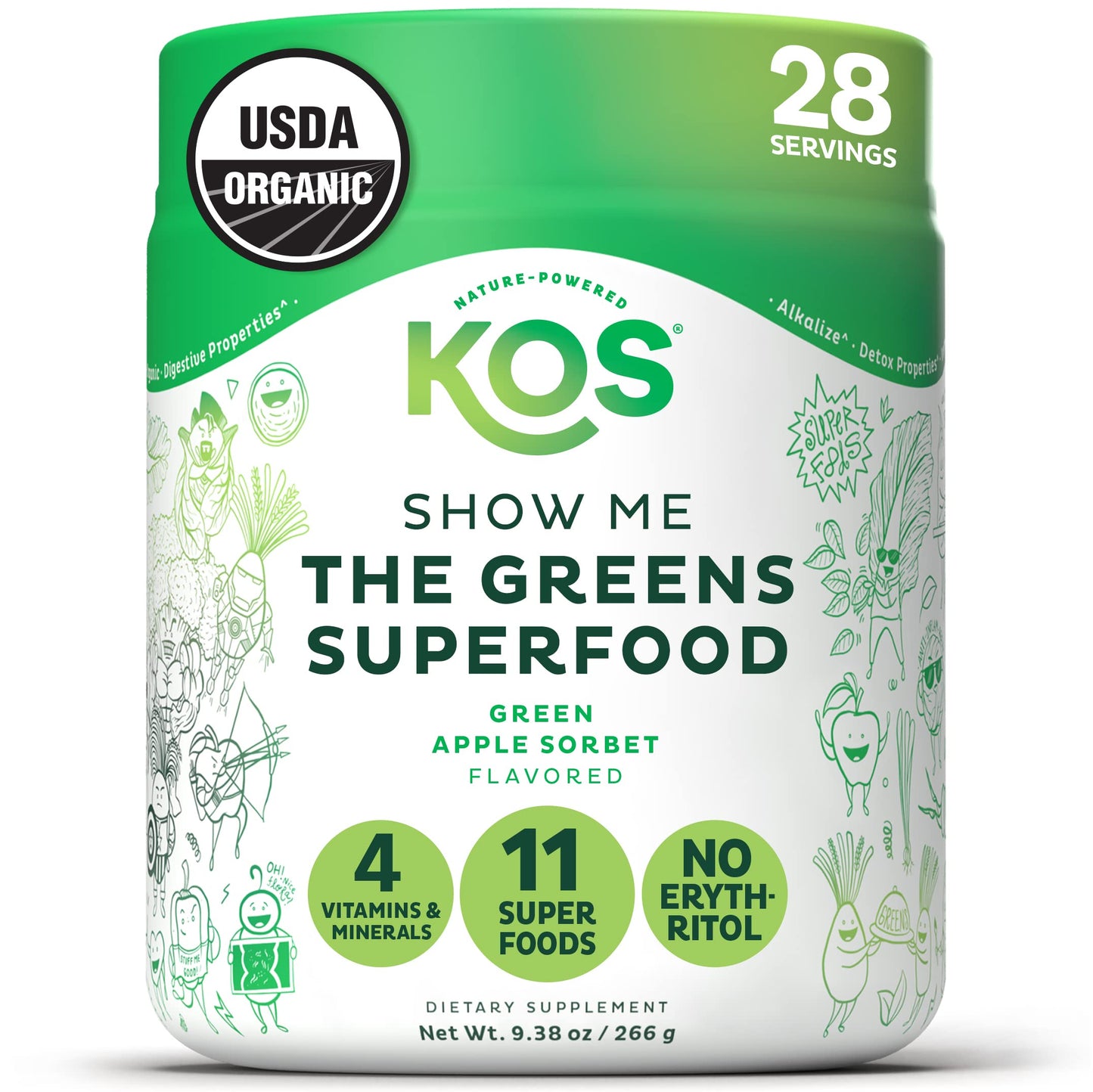 KOS Organic Super Greens Powder Erythritol Free - Plant Based Superfood Blend with Spirulina, Chlorella & Wheatgrass - USDA Certified Organic, Green Juice Smoothie - Apple Flavor - 28 Servings KOS buy supplements Au