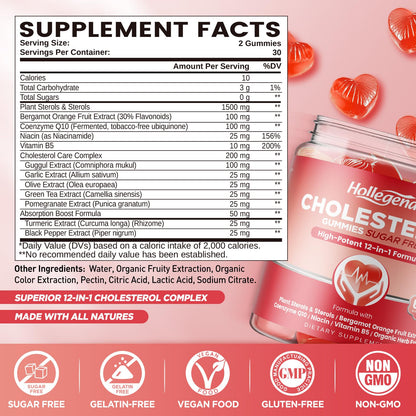HOLLEGEND Cholesterol Gummies Sugar-Free,12-in-1 Cholesterol Supplements with Plant Sterols,Citrus Bergamot,CoQ10 and Vitamins for Cholesterol Health, Vegan, Mixed Berry Flavor, 60 Counts HOLLEGENDBuy Supplements Australia
