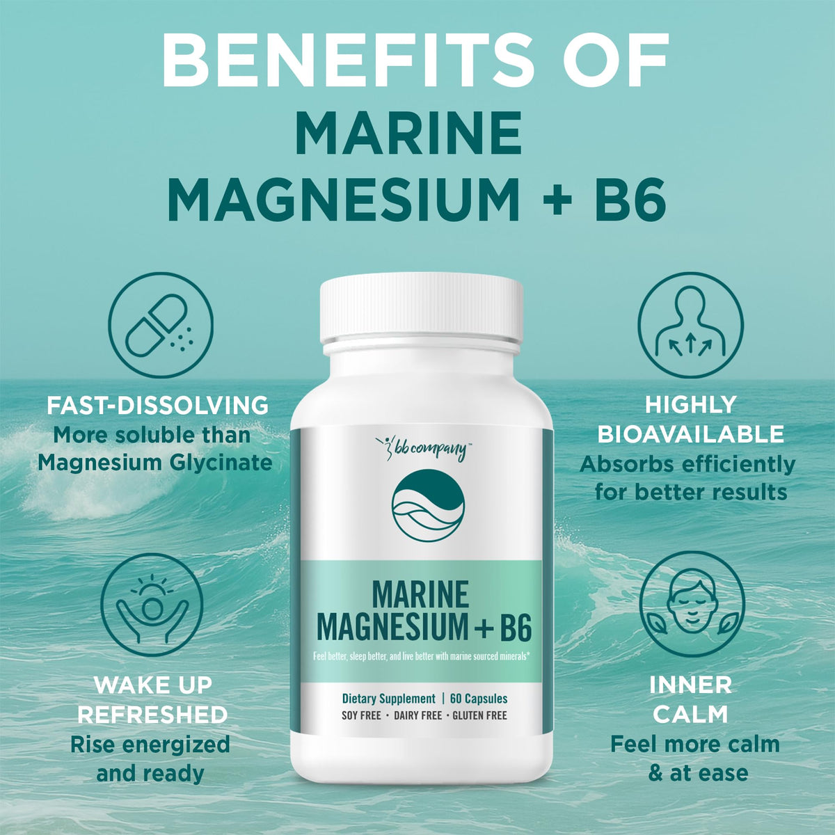 Ocean Magnesium 200mg Aquamin | More Soluble Than Magnesium Glycinate | Whole Food Mag B6 Supplement for Women | Gentle on Stomach & Vegan | Sleep Support, Calms Nerves & Leg Cramps | 60 Ct BB Company buy supplements Au