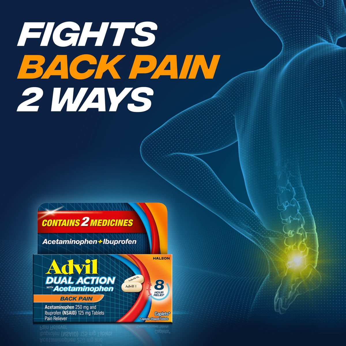 Advil Dual Action Back Pain Caplets Delivers 125mg Ibuprofen and 250mg Acetaminophen Per Dose for 8 Hours of Back Pain Relief - 144 Count Advil buy supplements Au