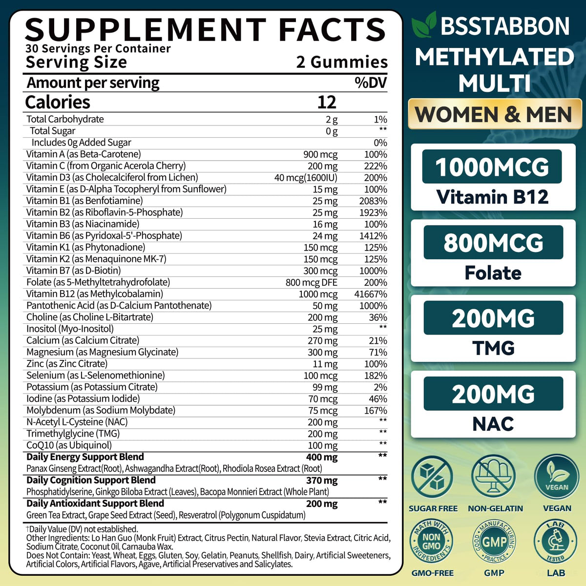 BSSTABBON Methylated Multivitamin for Women Men: Organic Iron Free Multivitamins Gummies plus 5-MTHF Active B12 P5P CoQ10 NAC TMG - Chewable Sugar Free Gummy for Energy Immune Overall Health(120Count) BSSTABBONBuy Supplements Australia