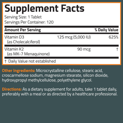 Bronson Vitamin K2 D3 (MK7) Supplement Non-GMO Formula Vitamin D3 5000IU (125 mcg) & 90 mcg K2 MK-7, Easy to Swallow D & K Complex, 120 Tablets