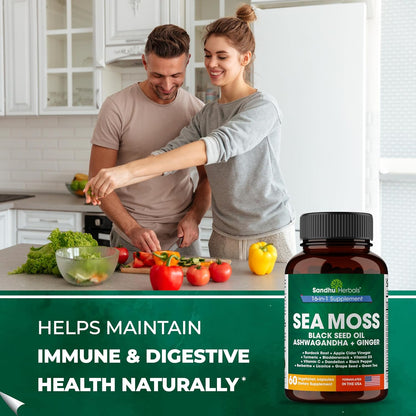 Sea Moss Capsules with Black Seed Oil Ashwagandha Ginger Burdock Root | Advanced Seamoss 60 Count | All Men Women Age