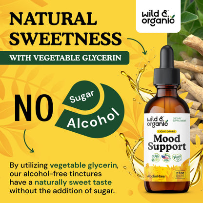 Wild & Organic Mood Support Drops - Good Mood Supplements w/Ashwagandha Root & Rhodiola Rosea - Natural Liquid Drops for Positive Energy - Calm and Relax Supplements for Women and Men - 2 oz