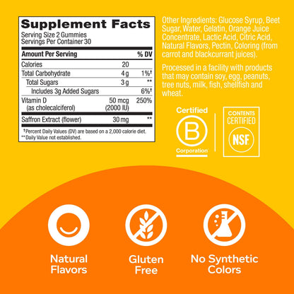 OLLY Hello Happy Gummy Worms, Mood Support Gummies For Adults,* Saffron Extract, Vitamin D, Tropical Zing Flavored, 30 Day Supply - 60 Count