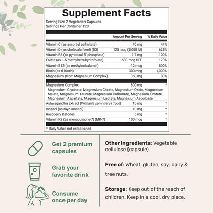 Magnesium Complex for Women, 240 Vegetarian Capsules | 20-in-1 Formula - Magnesium Blend with Vitamin D3, K2