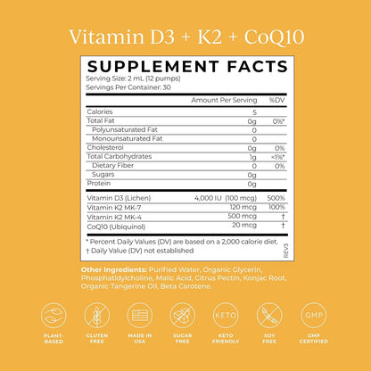 CYMBIOTIKA Vitamin D3 K2 + CoQ10 for Immune, Heart & Bone Support | Plant-based D3 with K2 & CoQ10 for immune, heart & bone health. Liposomal delivery. Vegan, keto. Tangerine, liquid bottle.