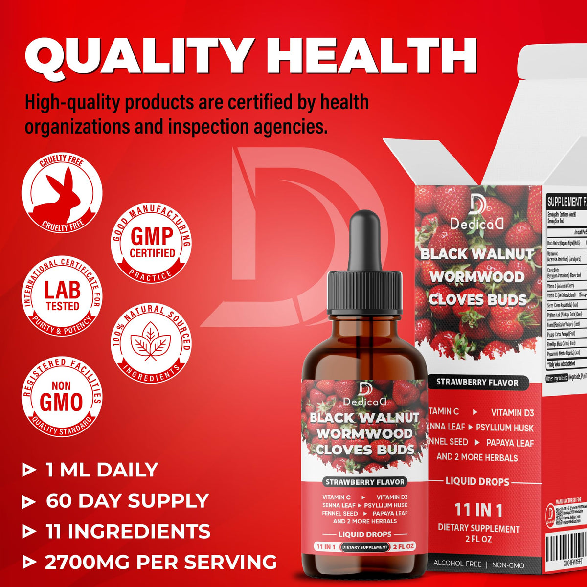DEDICAD 11in1 Black Walnut Wormwood Cloves Liquid Drops with Cloves Buds, Senna Leaf, Psyllium Husk, Fennel Seed, Papaya Leaf and More - 2 oz Fl - 60 Days - Strawberry Flavor DEDICAD buy supplements Au