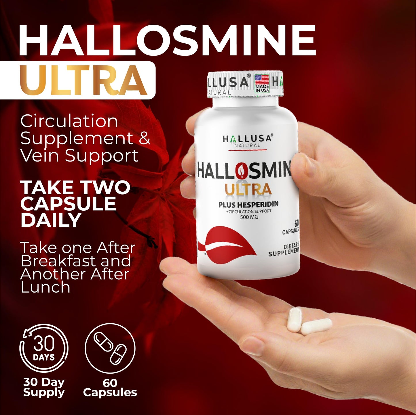 Hallosmine Ultra 650mg Diosmin Hesperidin, 60 Capsules + FREE Leg Cream with Diosmin, Hesperidin & Horse Chestnut, 4 oz | Blood Circulation & Vein Support Supplement, GMO Free, Gluten Free Hallusa NaturalBuy Supplements Australia
