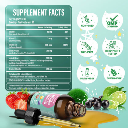 Zeolite Detox for Kids and Adults, 200mg Zeolite Liquid Drops with 1000mcg Vitamin B12, Organic Chlorella, 10 billion CFU & Prebiotics for Gut Support & Speech, Immune, Bone, Energy*, Strawberry, 60ML molorik pure buy supplements Au