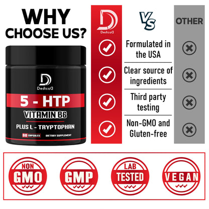 DEDICAD 5 HTP Supplement 1010mg - 60 Capsules - 3in1 Combined with Vitamin B6, L-Tryptophan - Comfortable Mood, Brain Health, Body Management & Immune System Support DEDICAD buy supplements Au