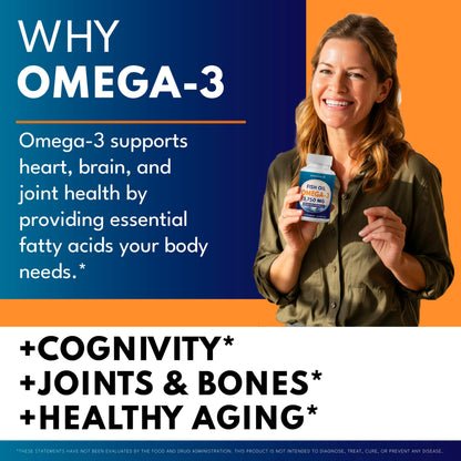 Triple Strength Omega 3 Fish Oil 3750 mg - EPA & DHA - Over 3000mg Omega-3 Fatty Acids - 1350mg EPA + 900mg DHA - Best Essential Fatty Acids, Burpless Fish Oil - 180 Count