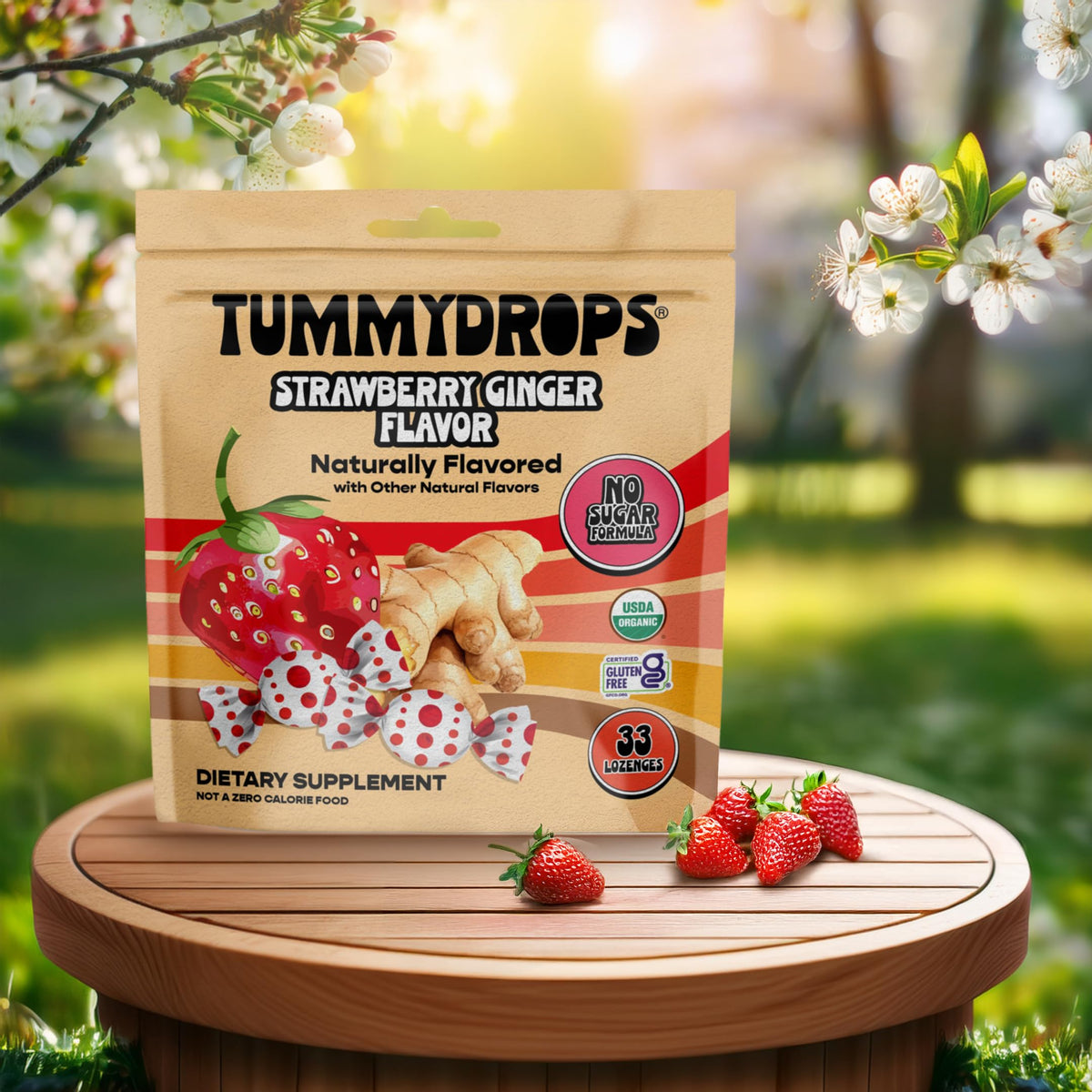 Tummydrops, No Sugar Strawberry Ginger Flavor, Gluten Free & Vegan, 33 Individually Wrapped Organic Ginger Lozenges Made with Organic Monkfruit